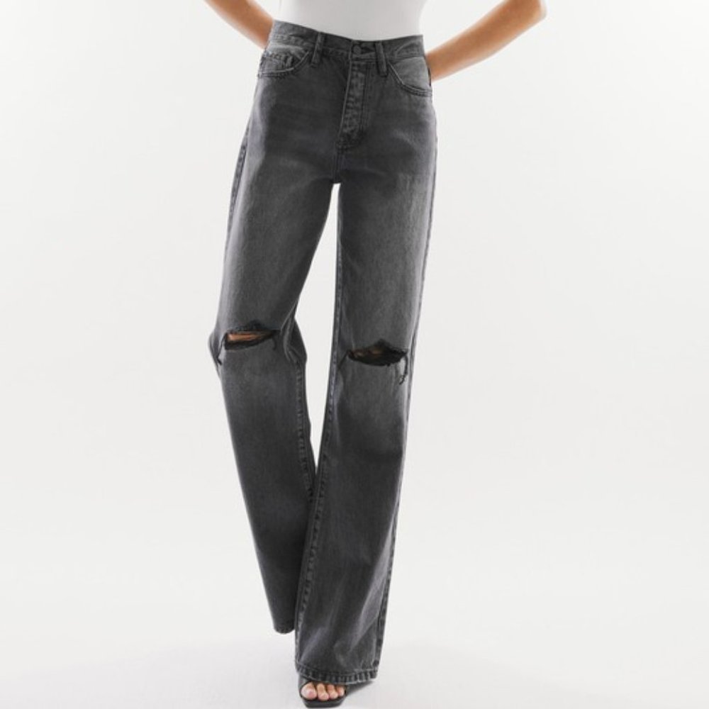 Vici Faded Black High Rise 90s Style Flare Wide Leg Jeans Distressed